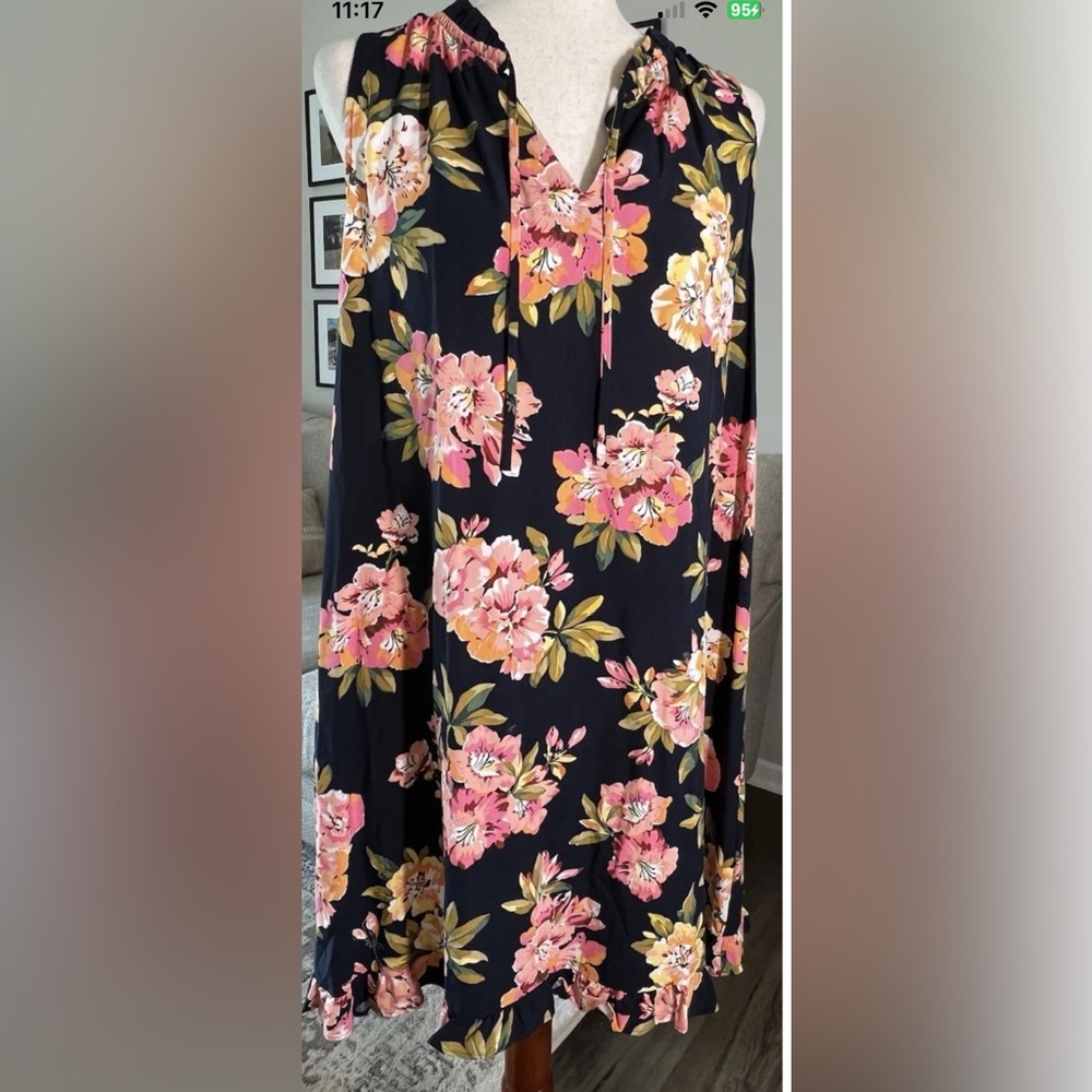 LOFT Navy Blue Floral Sleeveless Rayon Pullover Sun Flowy Dress Size Medium New
